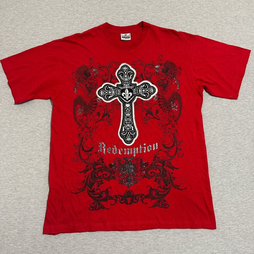 Y2K Redemption Cross Baroque Dragon Graphic Tee Red‎ MMA Biker XL